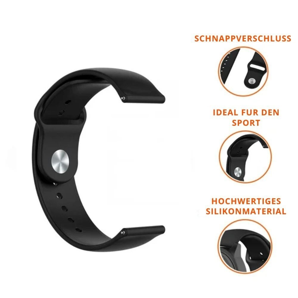 Schwarzes Smartwatch-Armband. Nahaufnahmen von Verschluss und Silikon. Ideal für Sport.