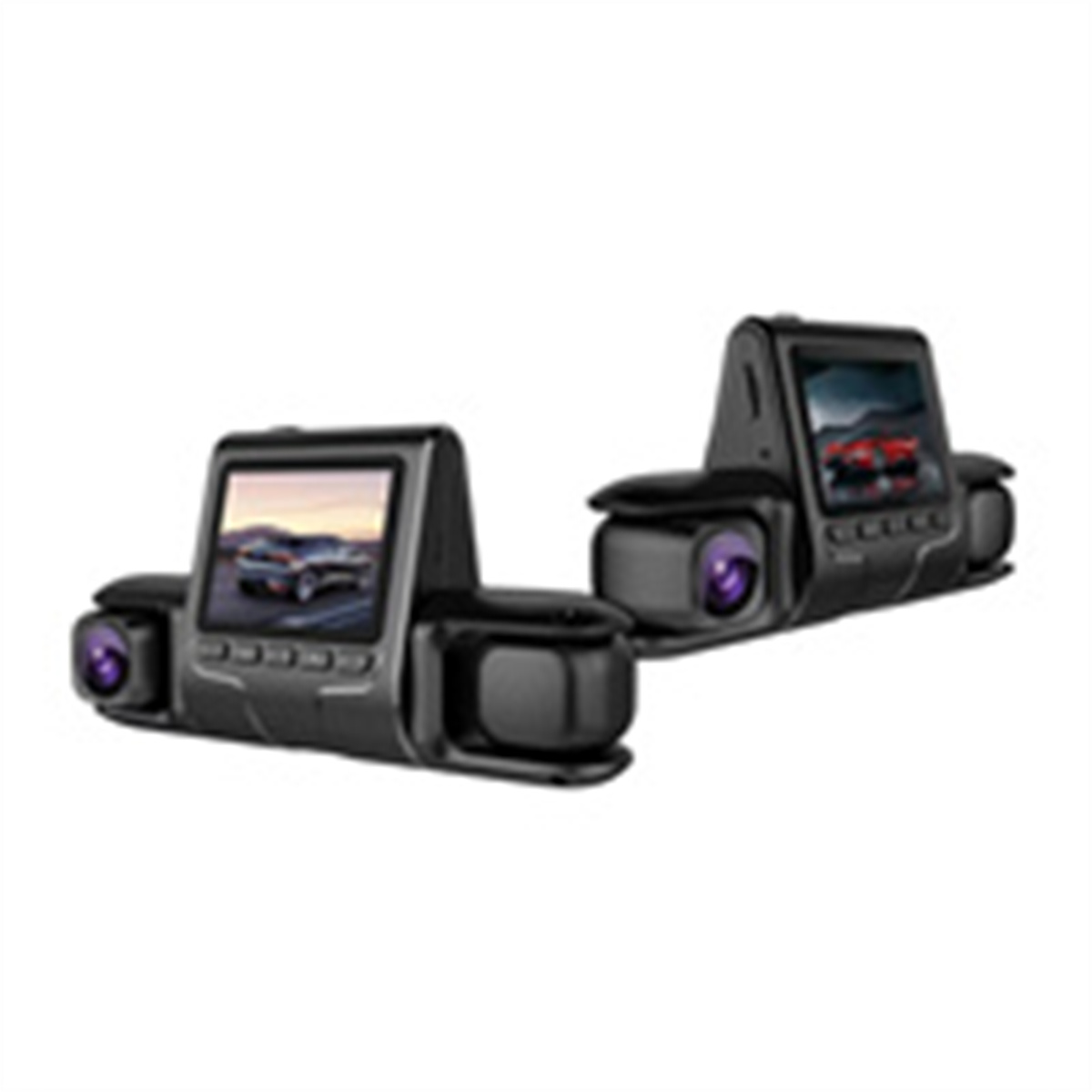 Zwei Dashcams, jede mit einem Bildschirm und Kameras, nebeneinander, auf weißem Hintergrund.