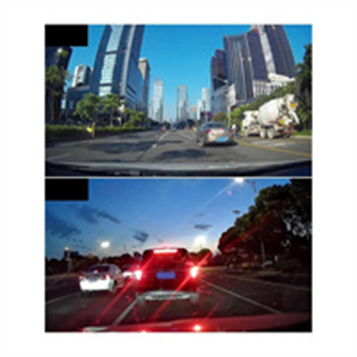 Zwei Dashcam-Ansichten: Tag mit Stadt, Nacht mit Autoscheinwerfern.