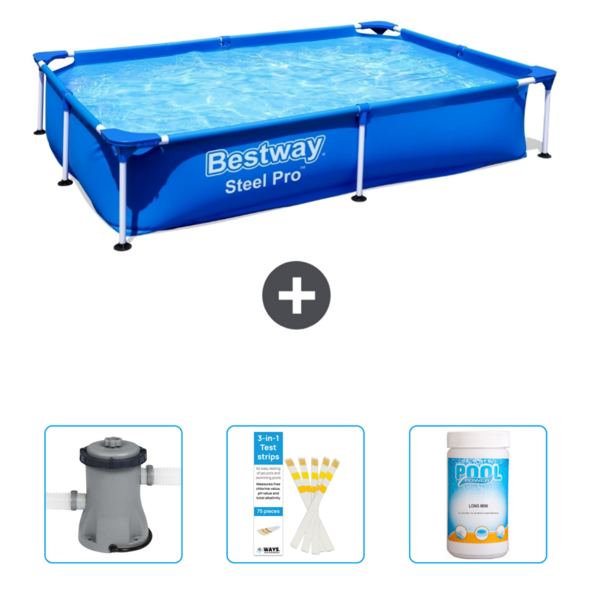 Blauw rechthoekig Bestway zwembad met accessoires: filter, teststrips en chloor.
