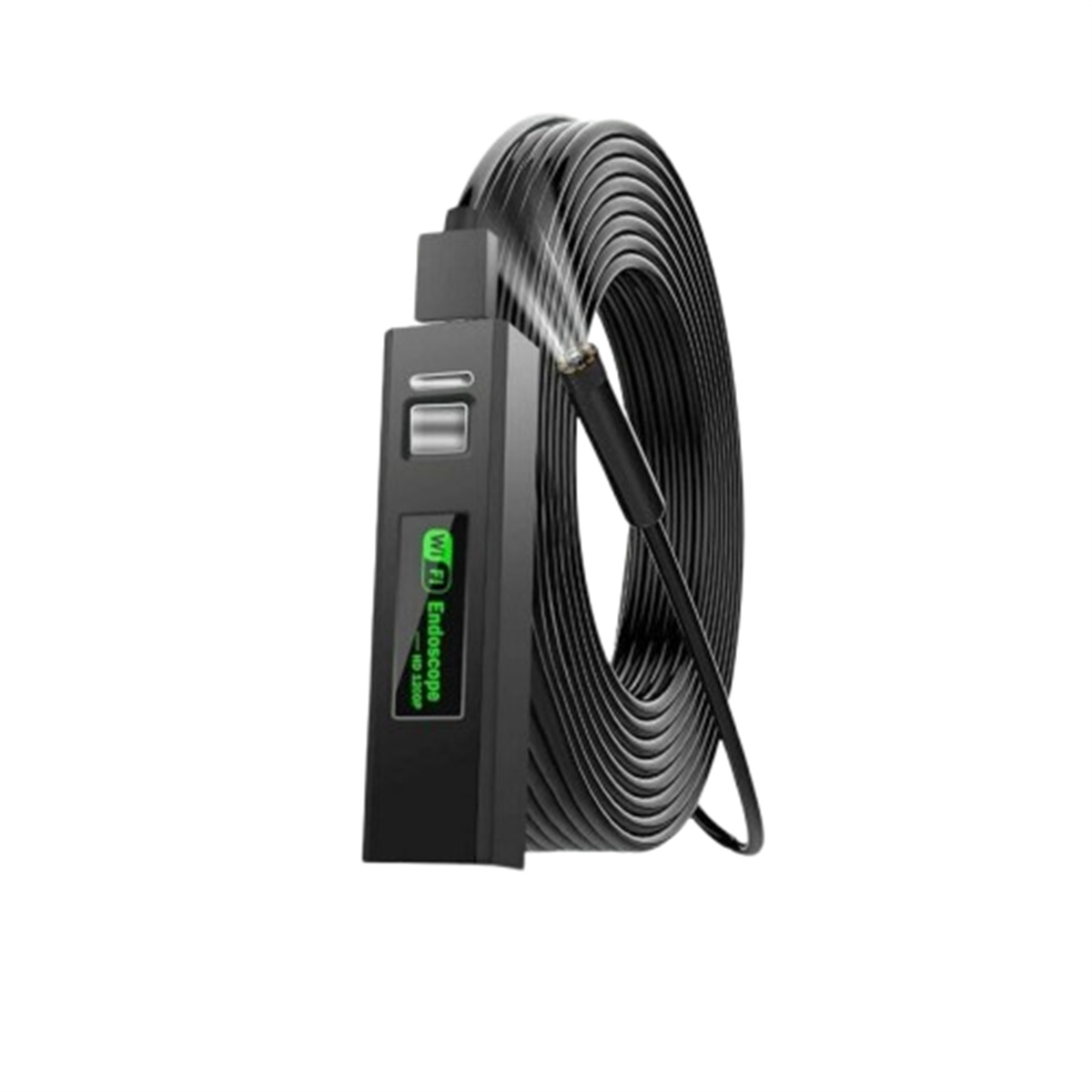 Schwarzes WiFi-Endoskop mit schwarzem Kabel, aufgerollt. Das Gerät hat ein grünes Etikett.