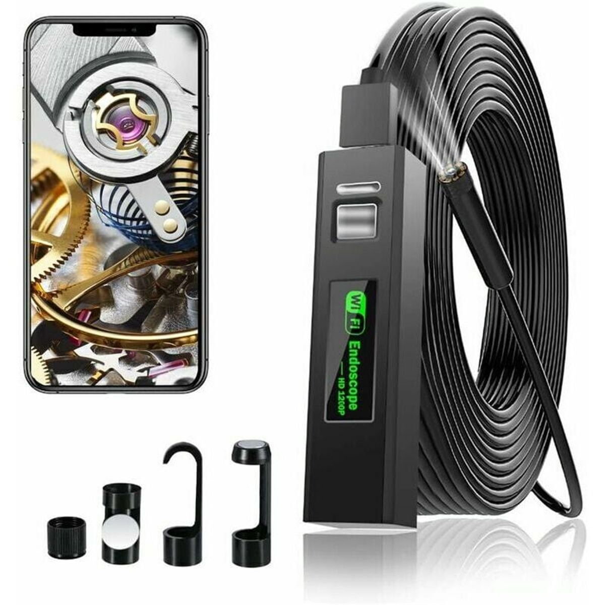Ein Endoskop wird gezeigt, mit einem Telefon, das zeigt, was es sieht. Zubehör und ein schwarzes Kabel sind an der Seite.