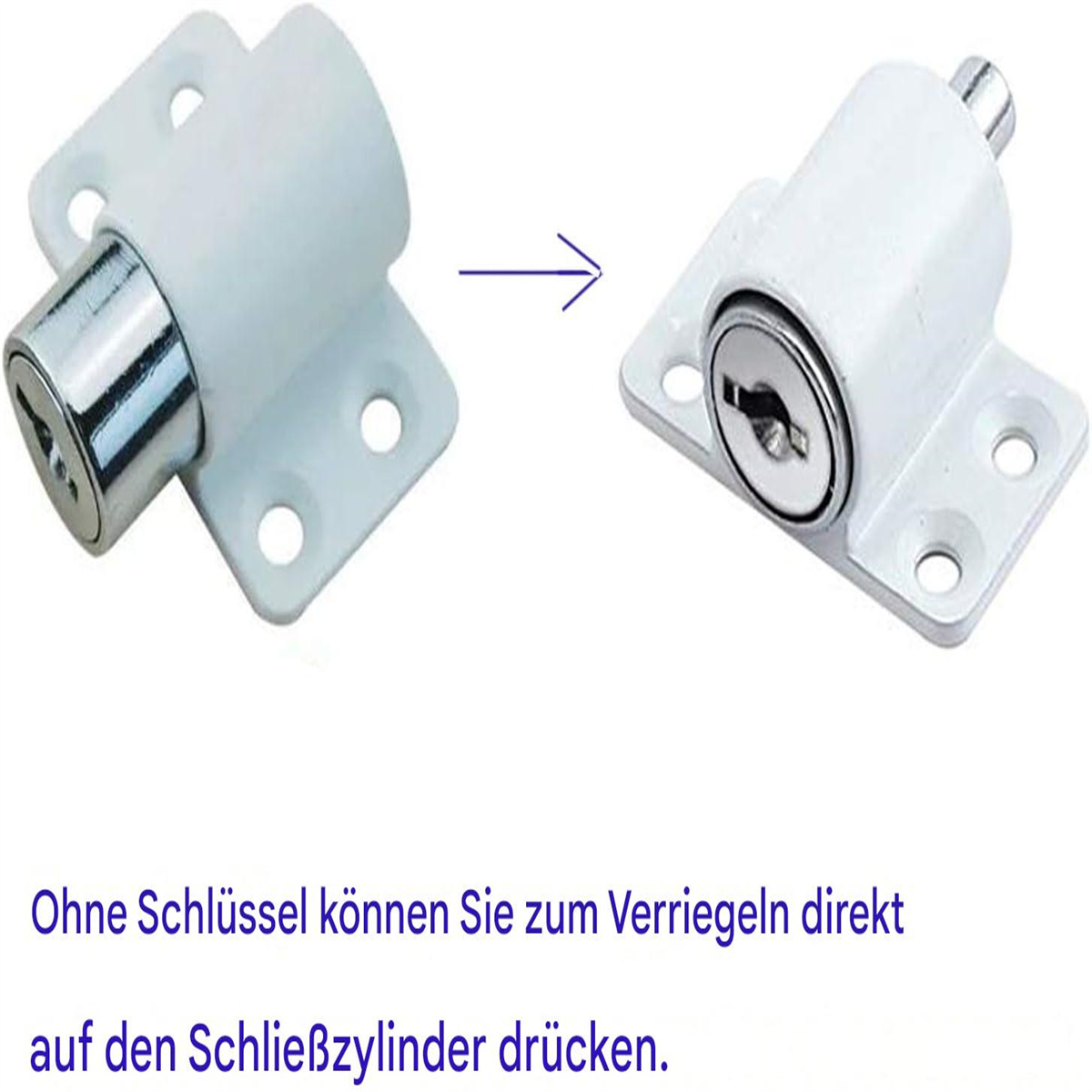 Zwei weiße Fensterriegel. Einer geschlossen, einer offen. Pfeil zeigt auf den Schließmechanismus.