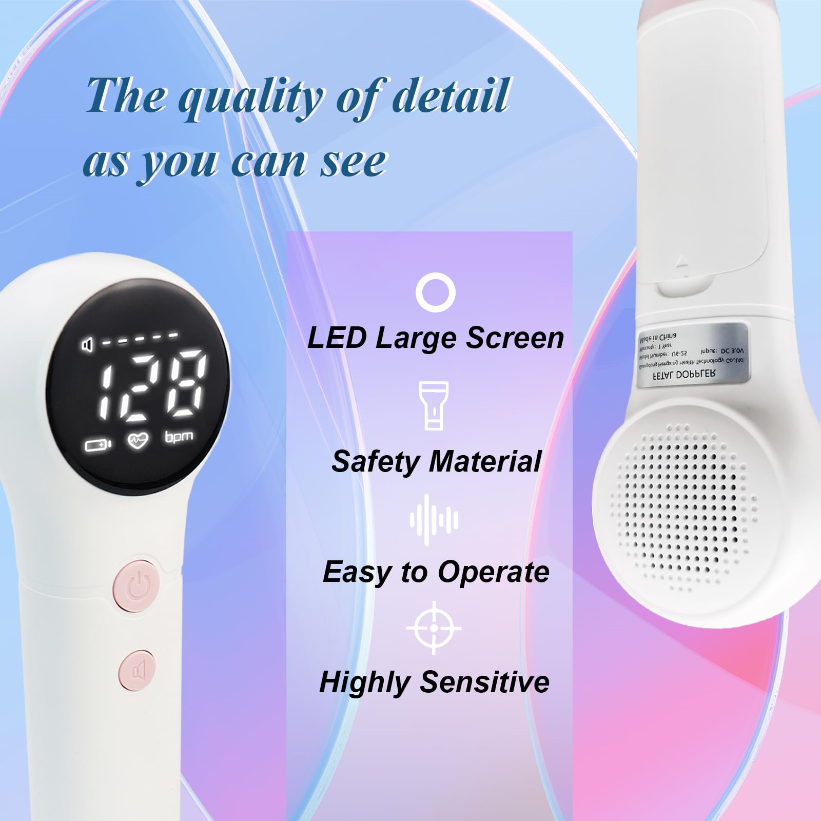 Ein weißes Gerät mit Digitalanzeige zeigt 128 bpm, rosa Taste und Text: LED-Bildschirm, sicheres Material.