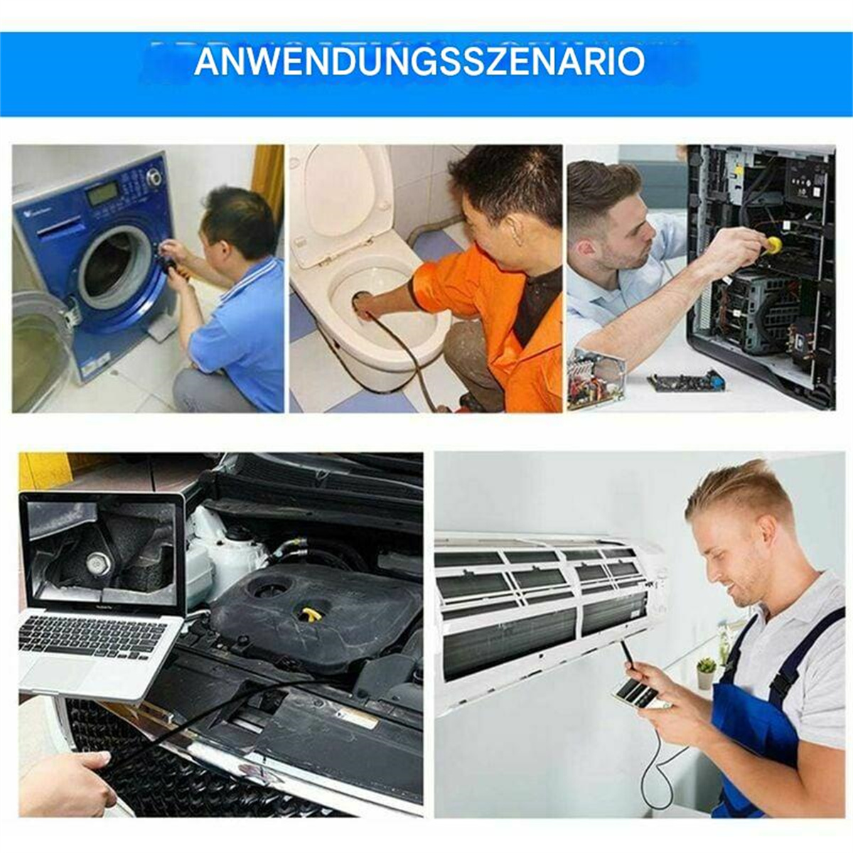 Bilder, die verschiedene Verwendungen eines Endoskops zeigen: Waschmaschine, Toilette, Computer, Auto und Klimaanlage.