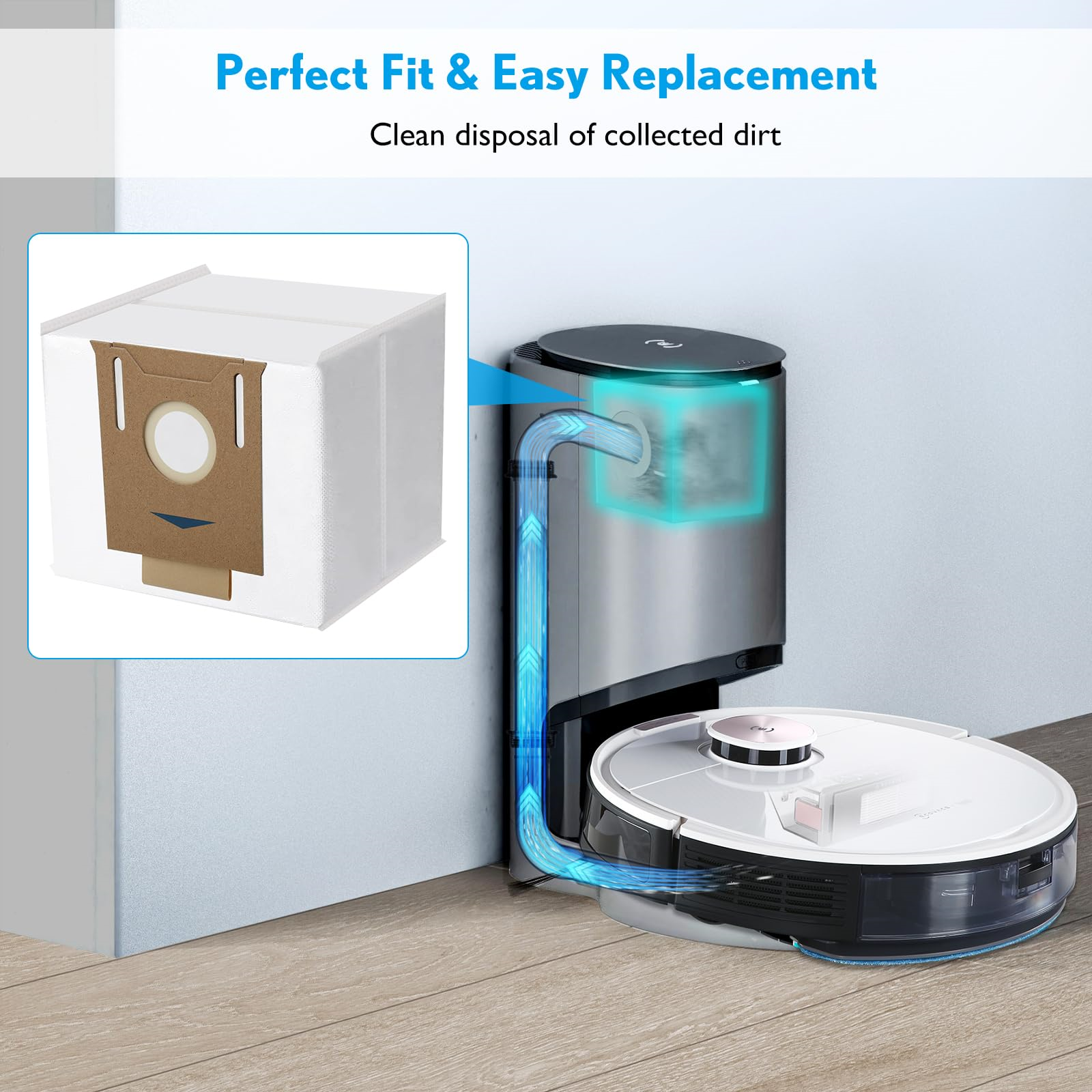 Ein Roboter-Staubsauger und eine Ladestation. Pfeile zeigen den Reinigungsprozess und die Schmutzsammlung.
