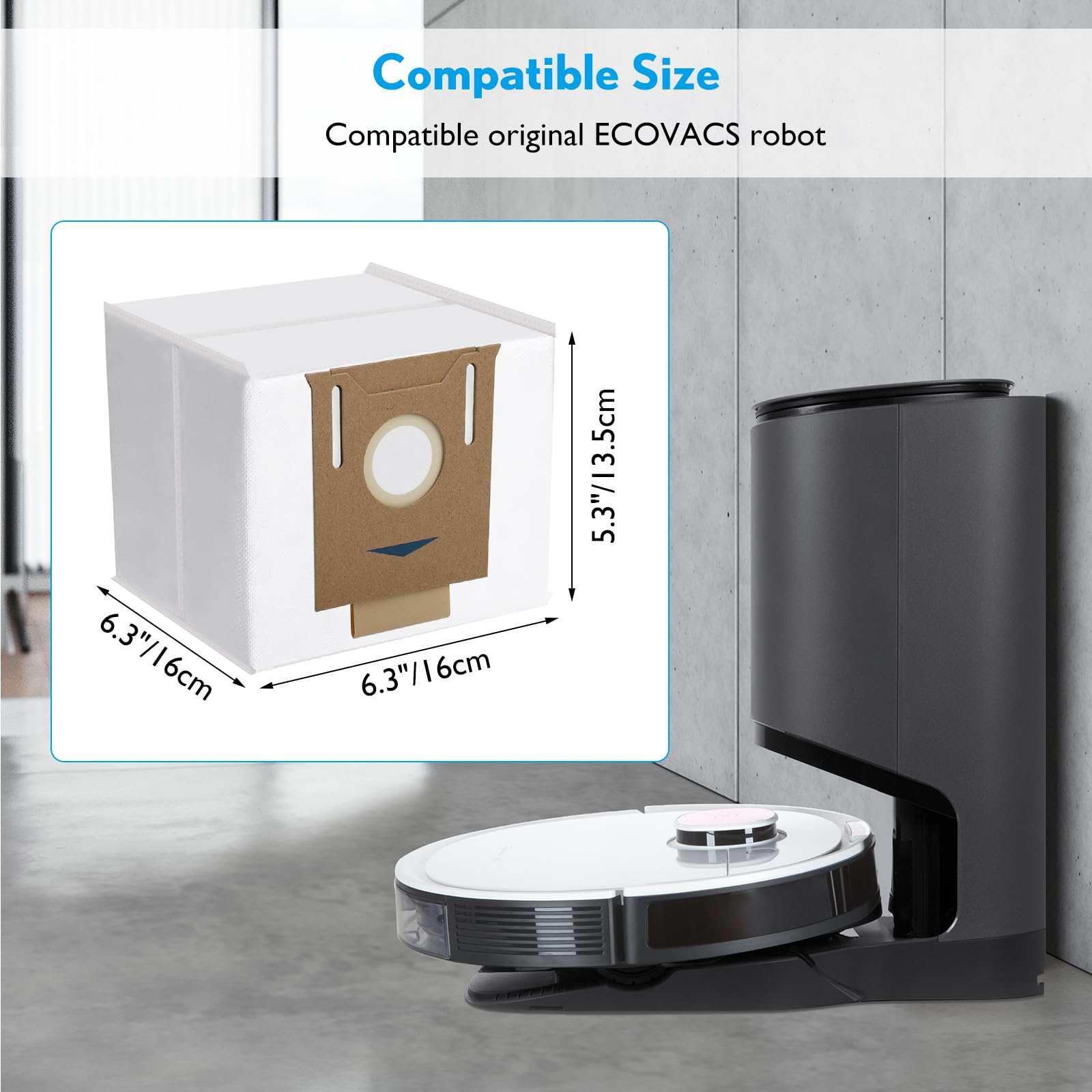 Ein Roboter-Staubsauger und ein neuer Filterbeutel. Der Beutel ist weiß und braun mit Abmessungen in cm und Zoll.