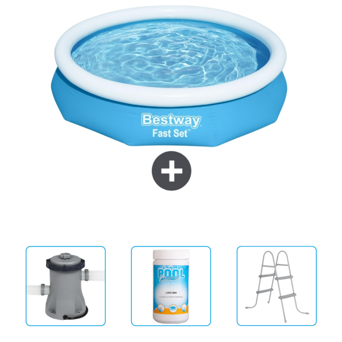 Piscine bleue Bestway Fast Set avec accessoires: filtre, produits chimiques et échelle, sur fond blanc.
