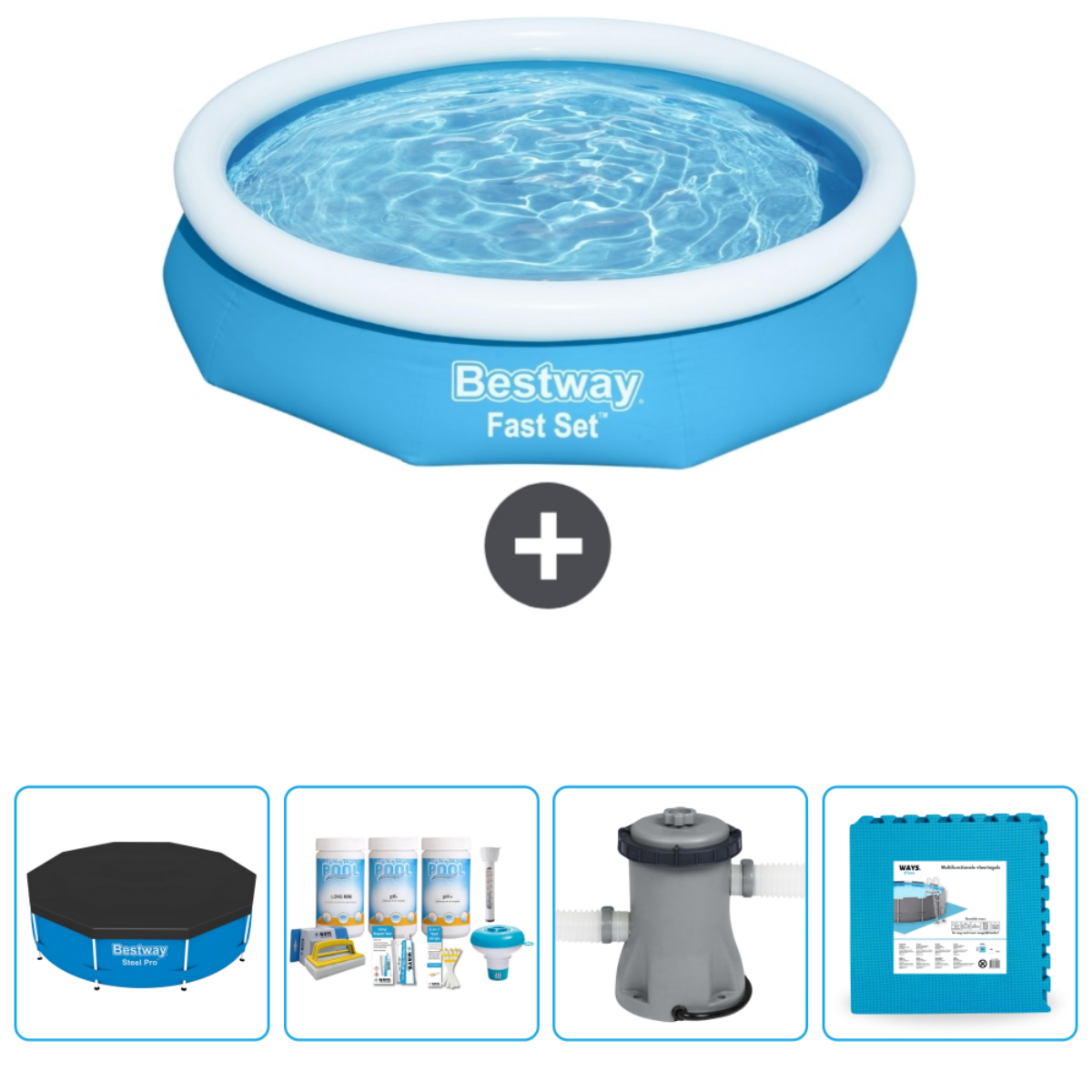 Rond blauw zwembad met accessoires: chemicaliën, pomp, afdekzeil en mat.