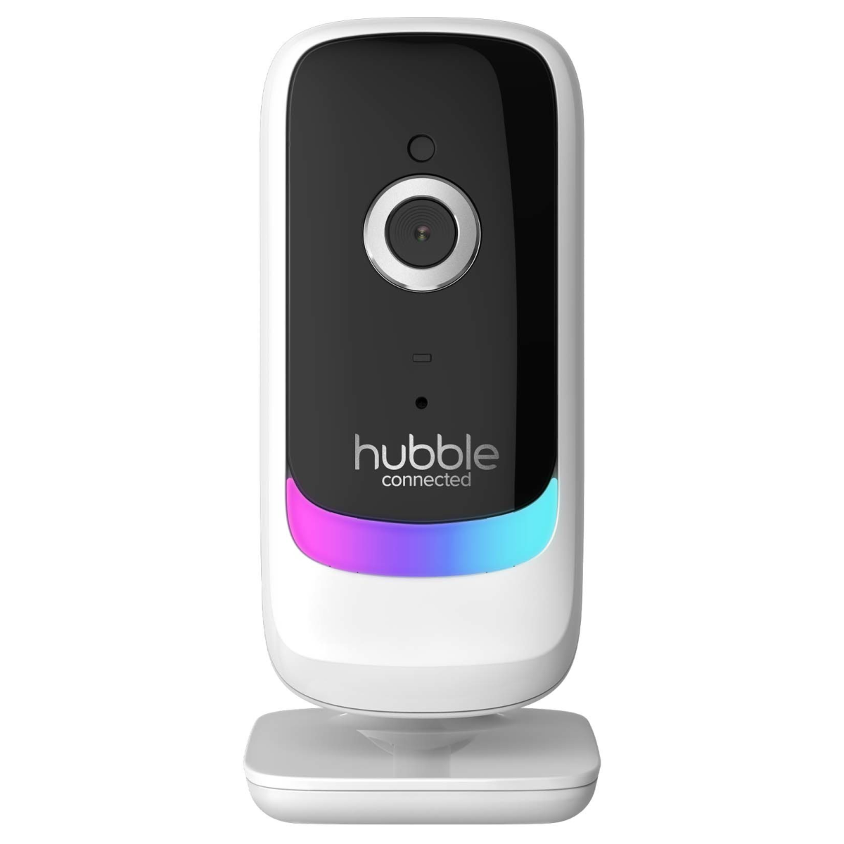 Ein weißer Babyphone mit schwarzer Kamera und farbigem Licht unten. Es steht auf einem Ständer.