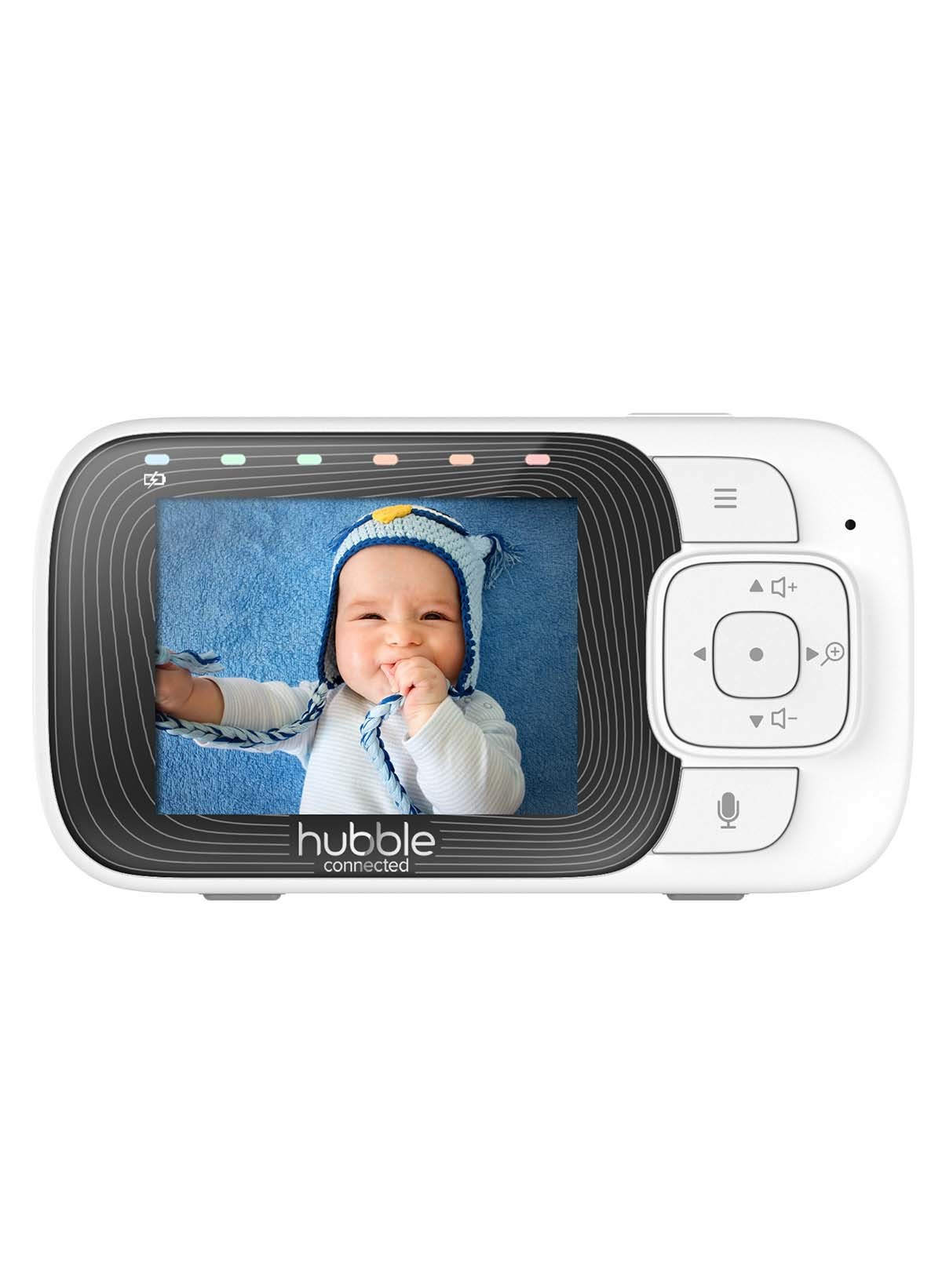 Ein weißer Babyphone mit Bildschirm, das ein Baby zeigt, mit Knöpfen an der Seite.
