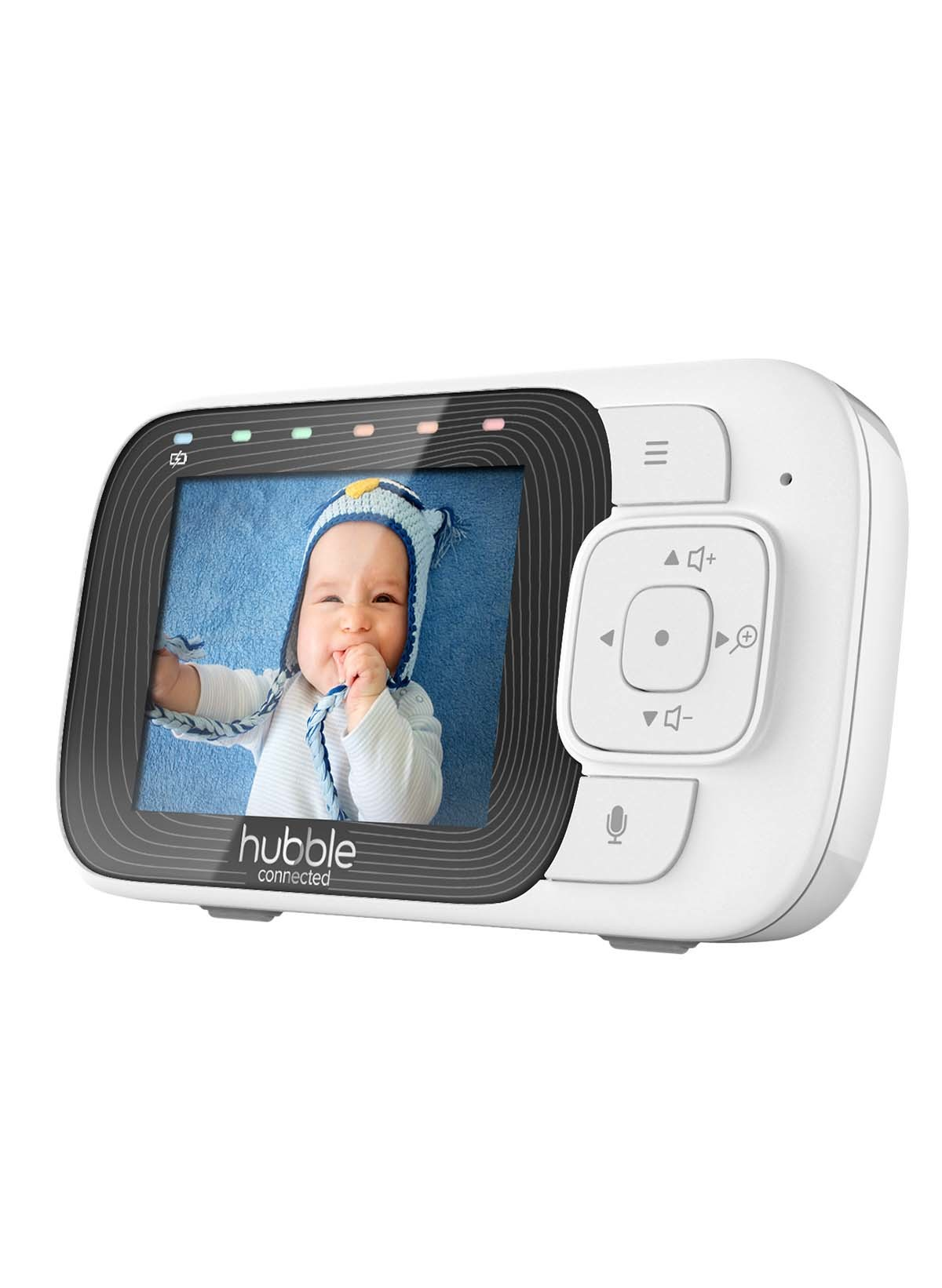 Babyphone-Bildschirm, der ein Baby zeigt. Weißer Monitor mit Knöpfen und Ständer.