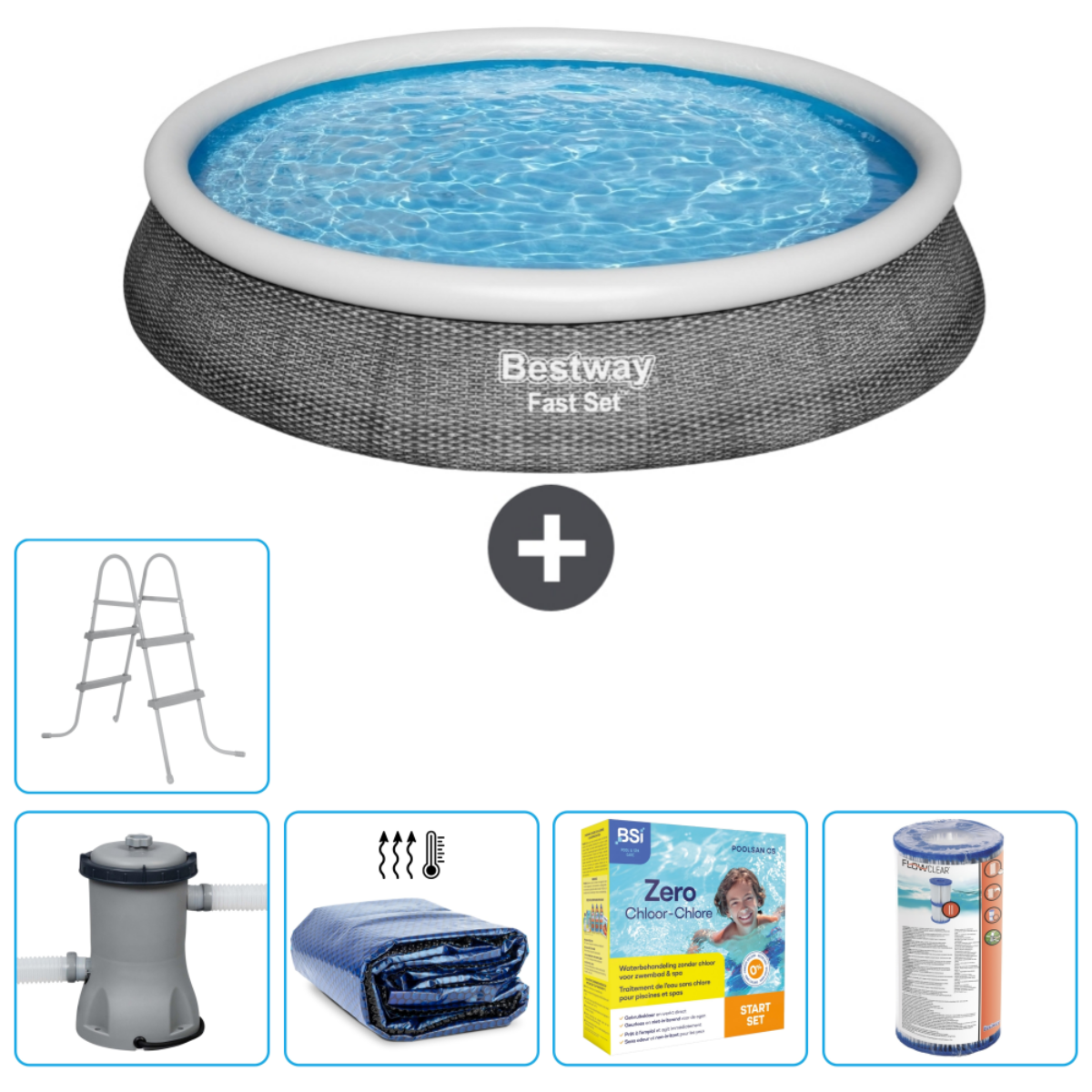Rond zwembad met accessoires: filter, ladder, chemicaliën, thermische deken en afdekking. Bestway Fast Set logo.
