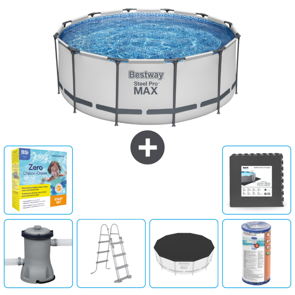 Rond zwembad met accessoires: chemicaliën, pomp, ladder, afdekzeil en mat.
