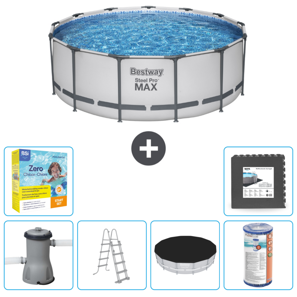 Großer runder Pool mit Zubehör: Filter, Abdeckung, Leiter, Chemikalien, Matte. Bestway Steel Pro MAX.