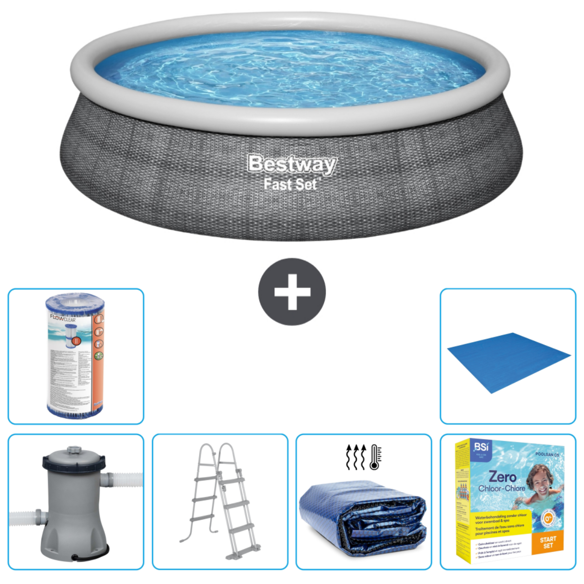 Une piscine Bestway avec accessoires. Comprend un filtre, une bâche et une échelle. L'eau est bleue.