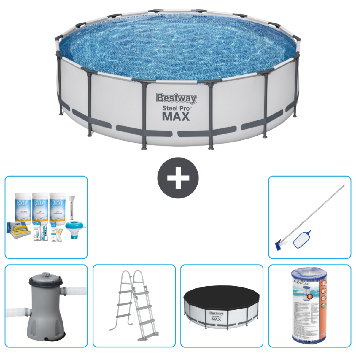 Rond, wit omkaderd zwembad met accessoires. Inclusief chloor, skimmer, pomp, ladder en afdekking.