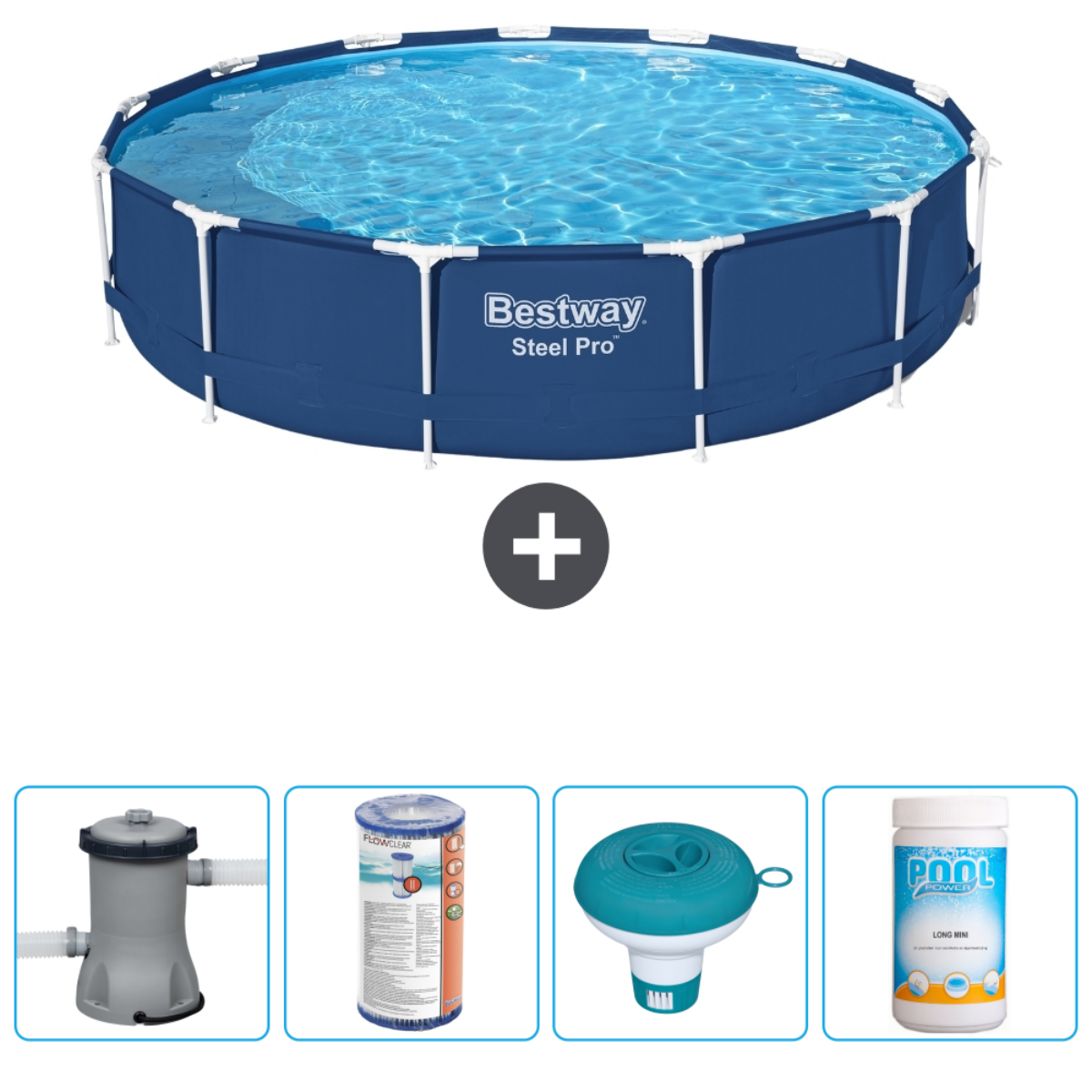 Piscine hors sol bleue avec accessoires : pompe, distributeur de chlore et produits.