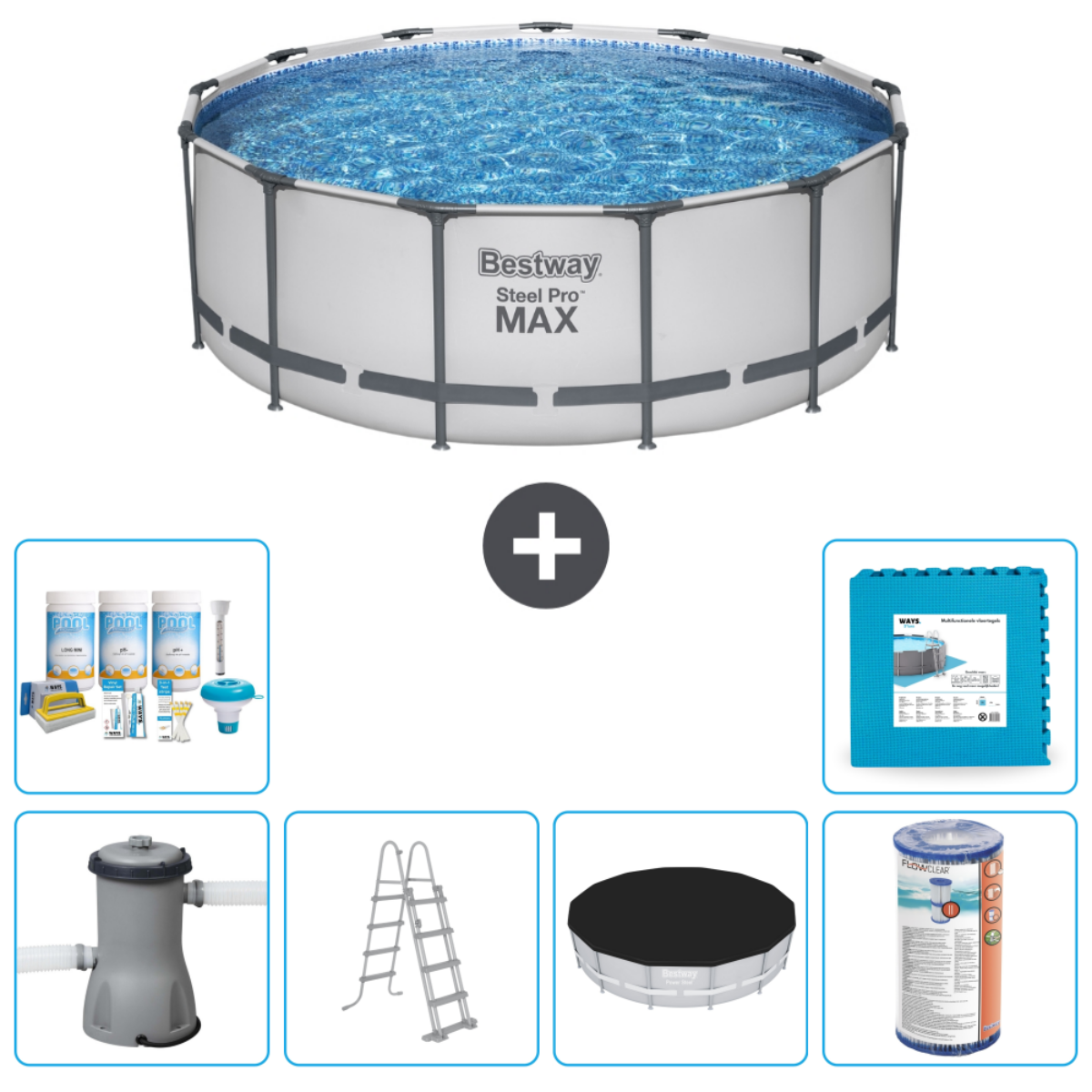 Une grande piscine avec accessoires, dont des produits chimiques, une échelle et une couverture. Le bleu, le gris et le blanc sont les couleurs.