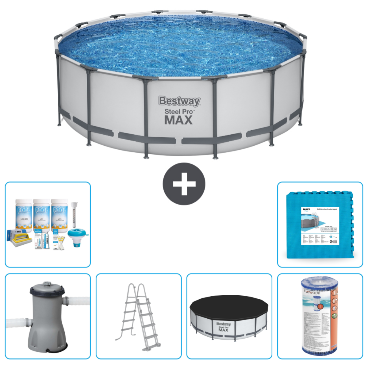 Zwembad met accessoires: filter, chemicaliën, ladder, afdekking, en matten. Zwembad heeft water en Bestway Steel Pro MAX logo.