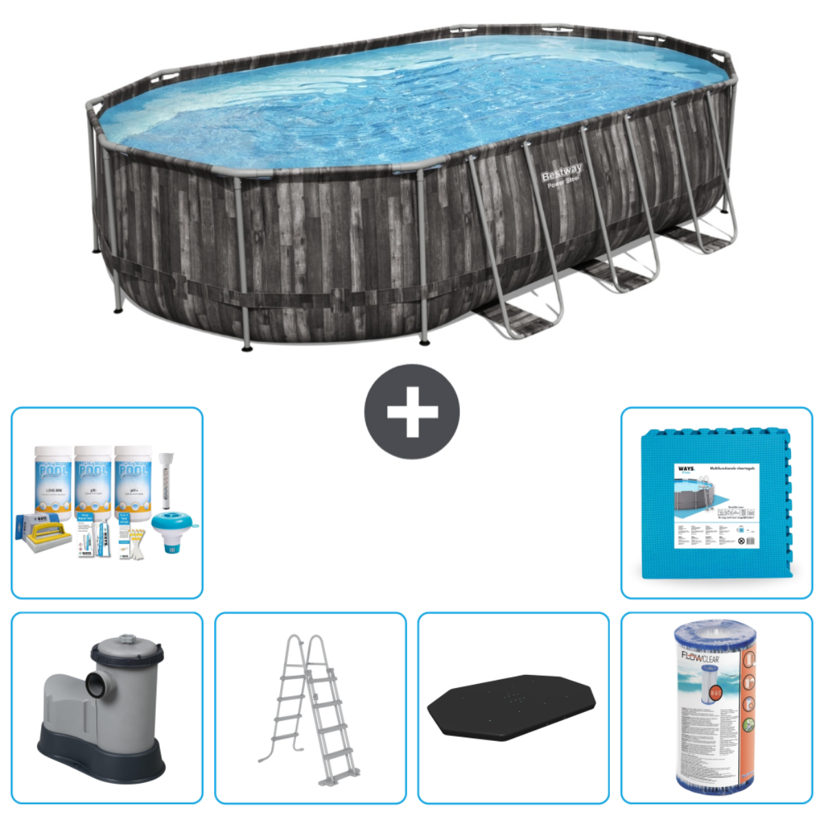 Piscine hors sol ovale avec accessoires. Comprend pompe, échelle, bâche, tapis et produits chimiques.