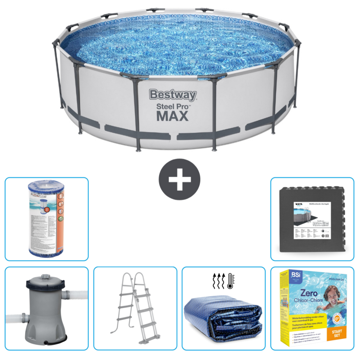 Piscine ronde à armature en acier avec accessoires, filtre, bâche, échelle, tapis et produits.