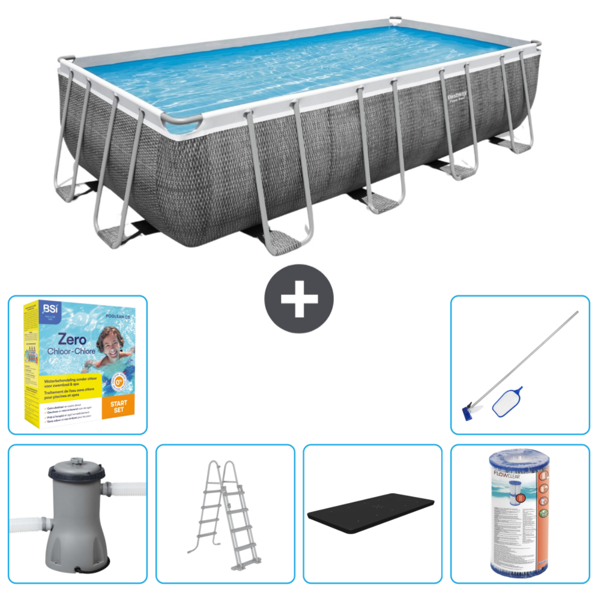 Rechthoekig zwembad met accessoires, waaronder filter, ladder en schoonmaakgereedschap. Blauw water.