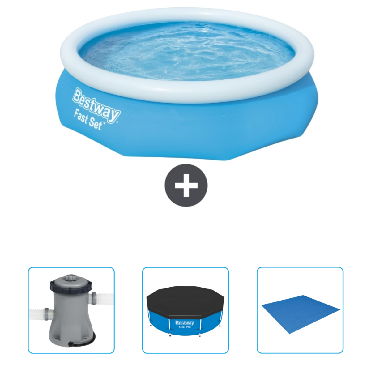 Blauw rond zwembad met accessoires: pomp, afdekzeil en grondzeil. 'Bestway Fast Set'.
