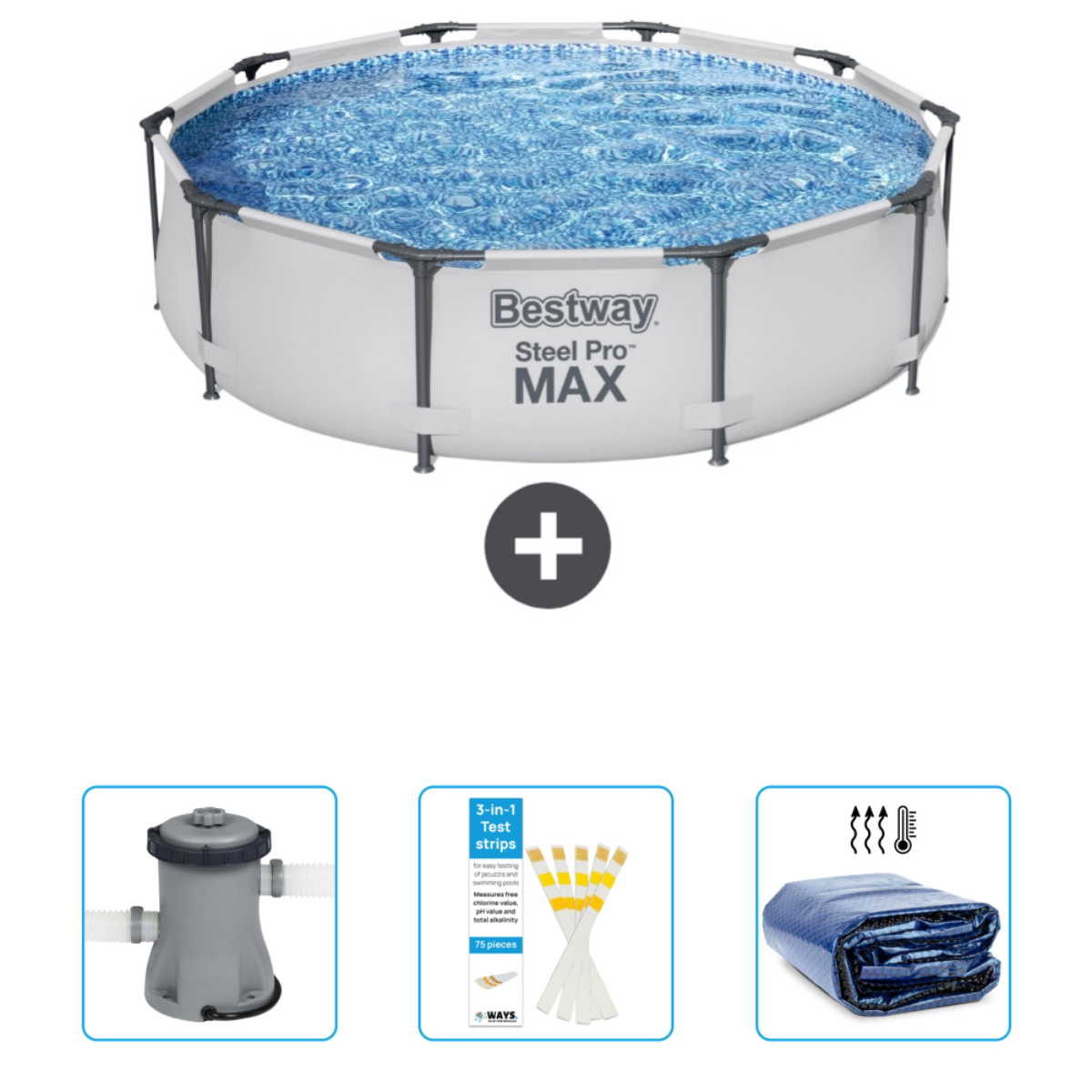 Piscine Bestway ronde avec accessoires : filtre, bandelettes et couverture.