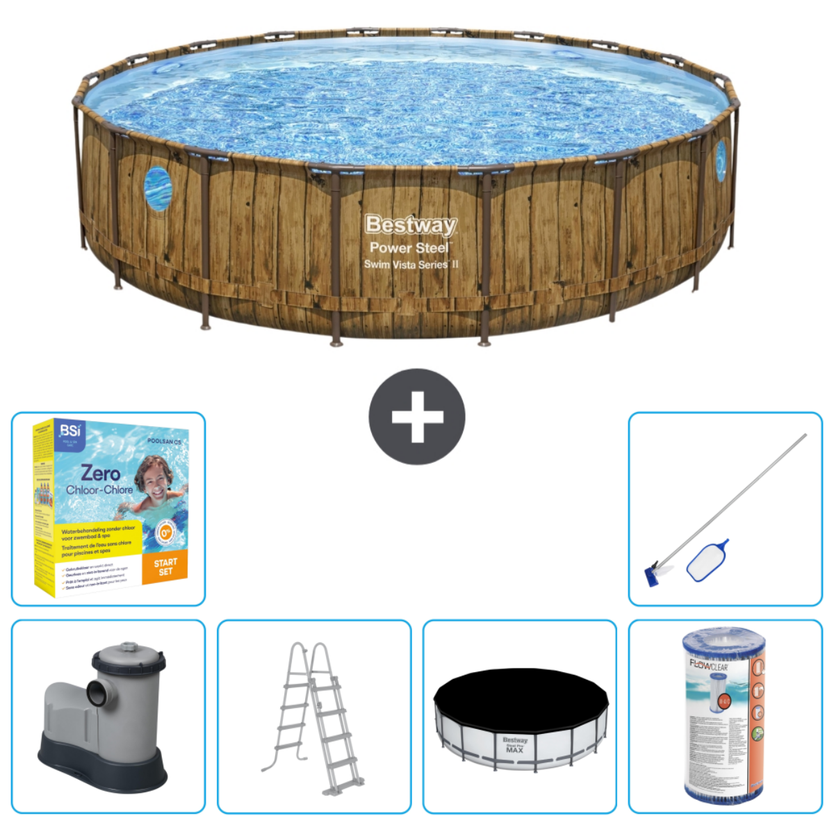 Bovengronds zwembad met accessoires: filter, chemicaliën, afdekking, ladder en net. Houtachtig uiterlijk.