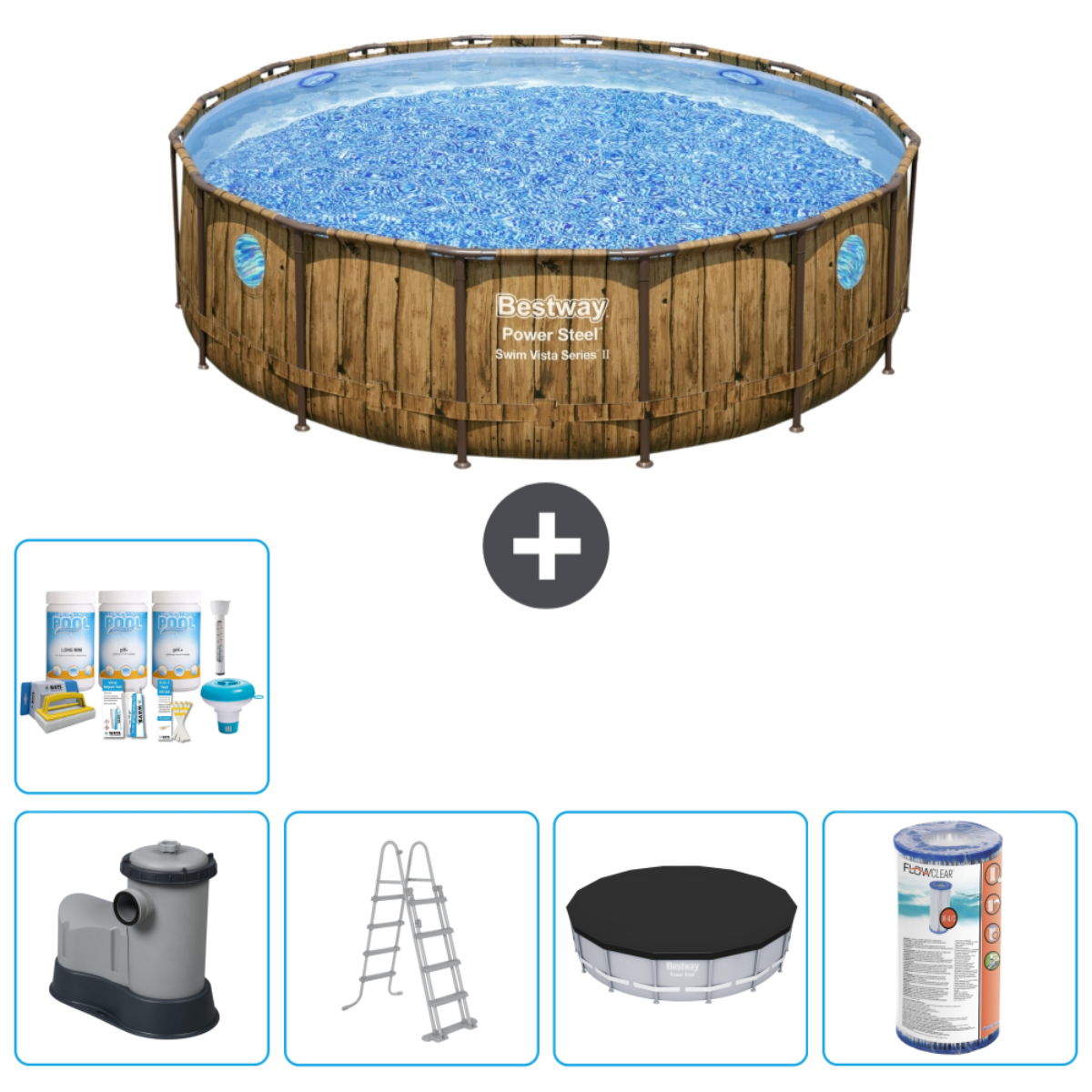 Ein Pool mit Holzverkleidung und Zubehör, darunter Leiter, Abdeckung und Chemikalien. Braun, Blau und Weiß dominieren.