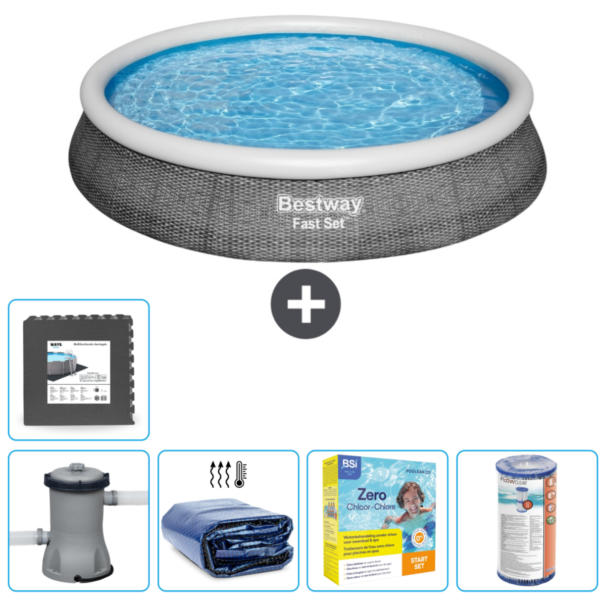 Rond grijs zwembad met accessoires. Inclusief pomp, ladder, afdekking, filter, chloor en vloermatten.