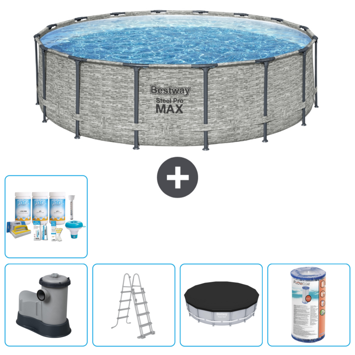 Rond zwembad met filter, ladder, afdekking en chemicaliën. Zwembad en accessoires inbegrepen.