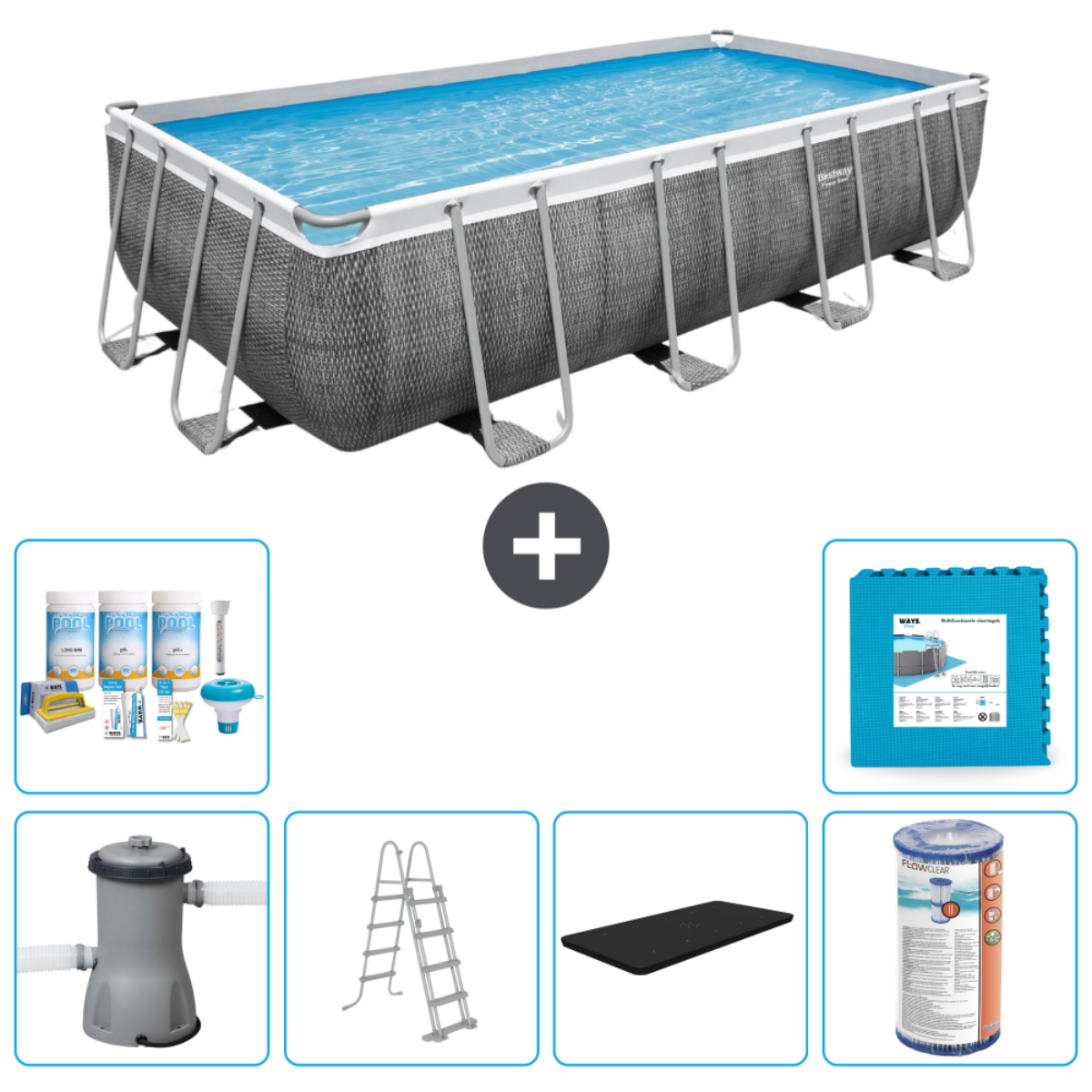 Piscine hors sol avec accessoires, dont produits chimiques, filtre, échelle et protection de sol.