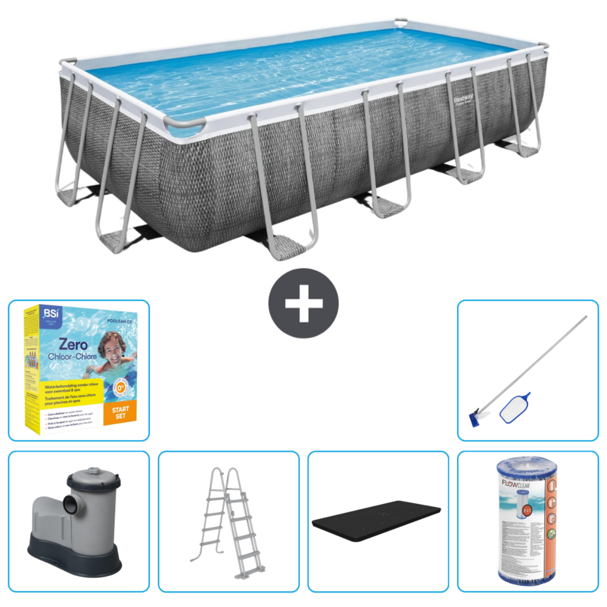 Rechthoekig zwembad met water, plus filter, chemicaliën, ladder, afdekking, gereedschap.