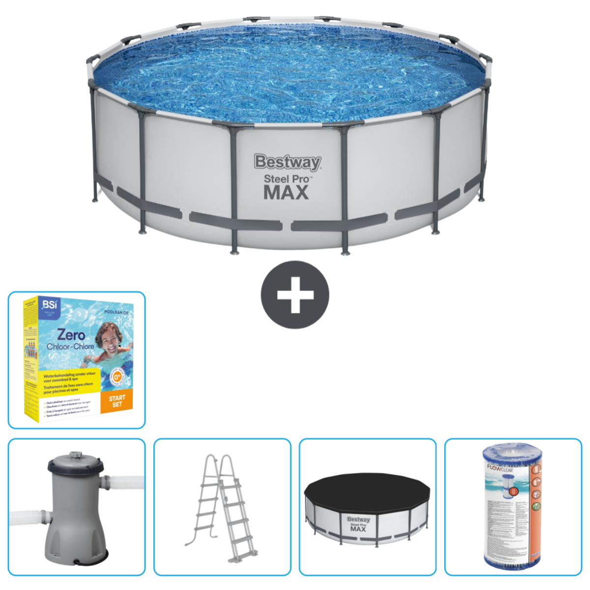 Rond Bestway zwembad met accessoires: filter, afdekzeil en chloor.