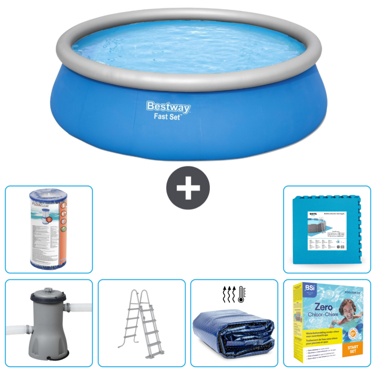 Blauwe zwembadset met accessoires. Inclusief zwembad, filter, thermische afdekking en accessoires.