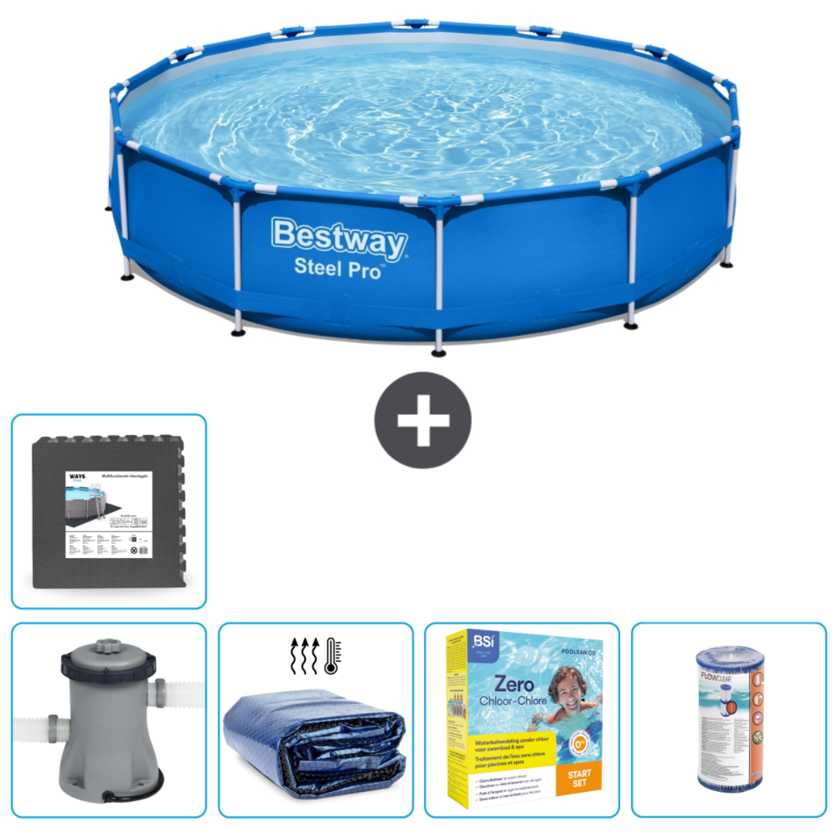 Een blauw zwembad met accessoires, waaronder een mat, chemicaliën, een pomp en een afdekking. Blauw en wit domineren de afbeelding.