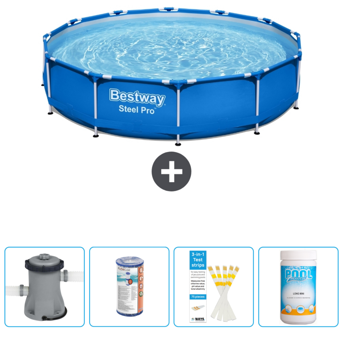 Blauw rechthoekig zwembad met filter, chemicaliën en teststrips. Zwembadaccessoires inbegrepen.