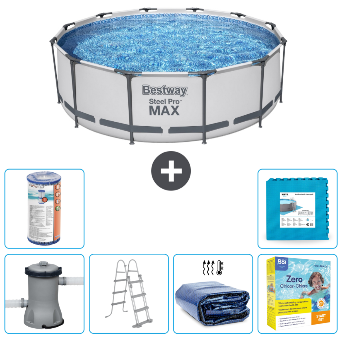 Rond zwembad met water, plus filter, chemicaliën, afdekking, ladder, gereedschap en mat.