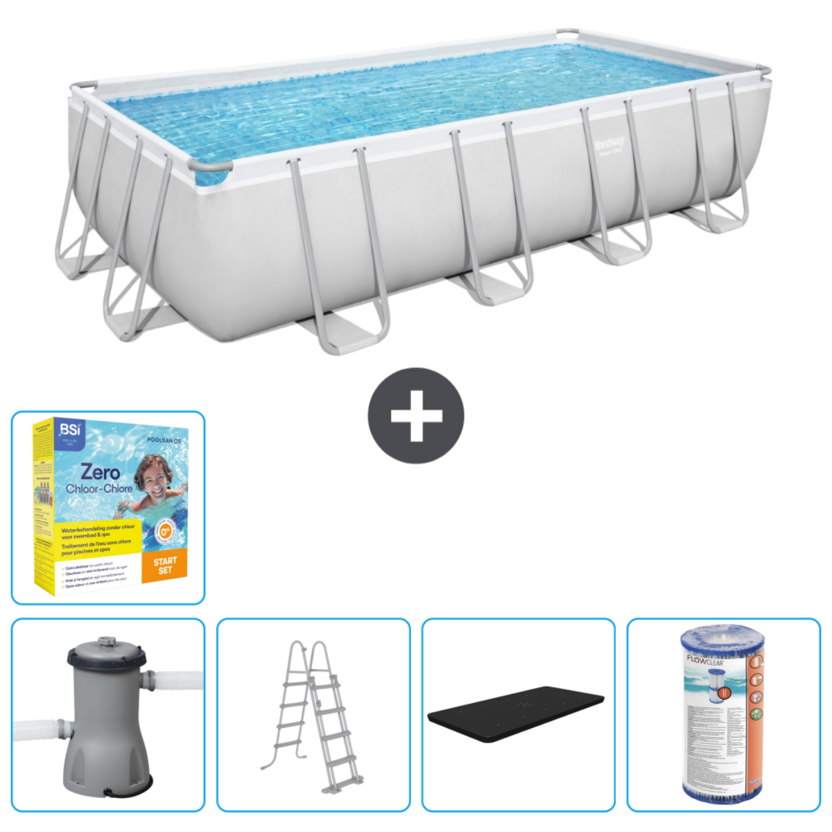 Rechthoekig bovengronds zwembad met accessoires: filter, chemicaliën, afdekking, ladder en net. Witte buitenkant.
