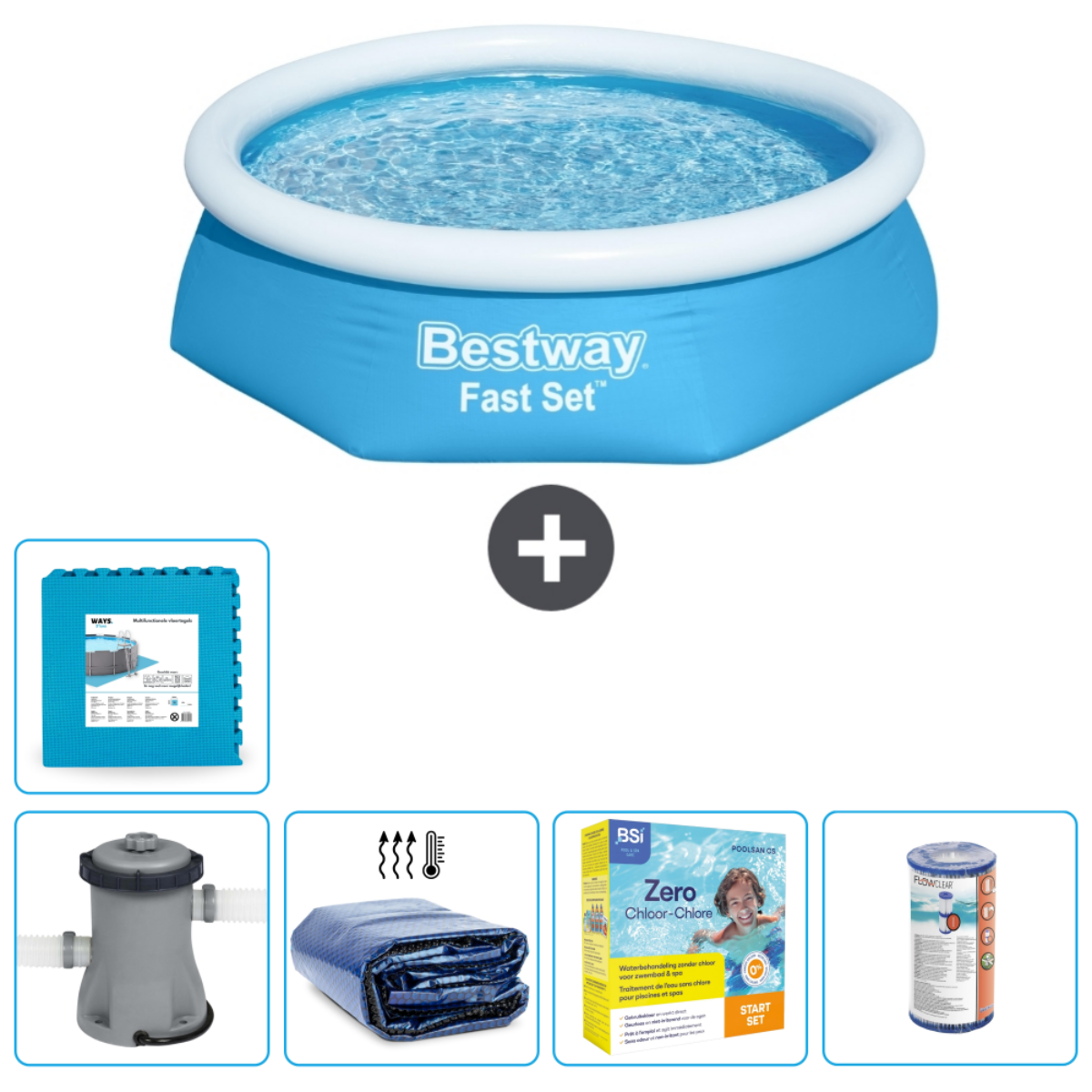 Blauw, rond Bestway zwembad met accessoires: filter, afdekzeil en teststrips.