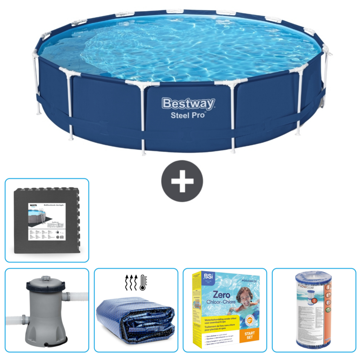Blauwe zwembadset met accessoires. Inclusief zwembad, filter, thermische afdekking en accessoires.
