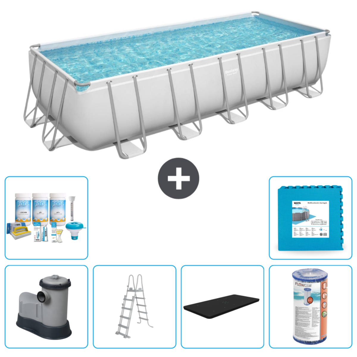 Rechthoekig blauw bovengronds zwembad met accessoires: chemicaliën, pomp, ladder en mat.