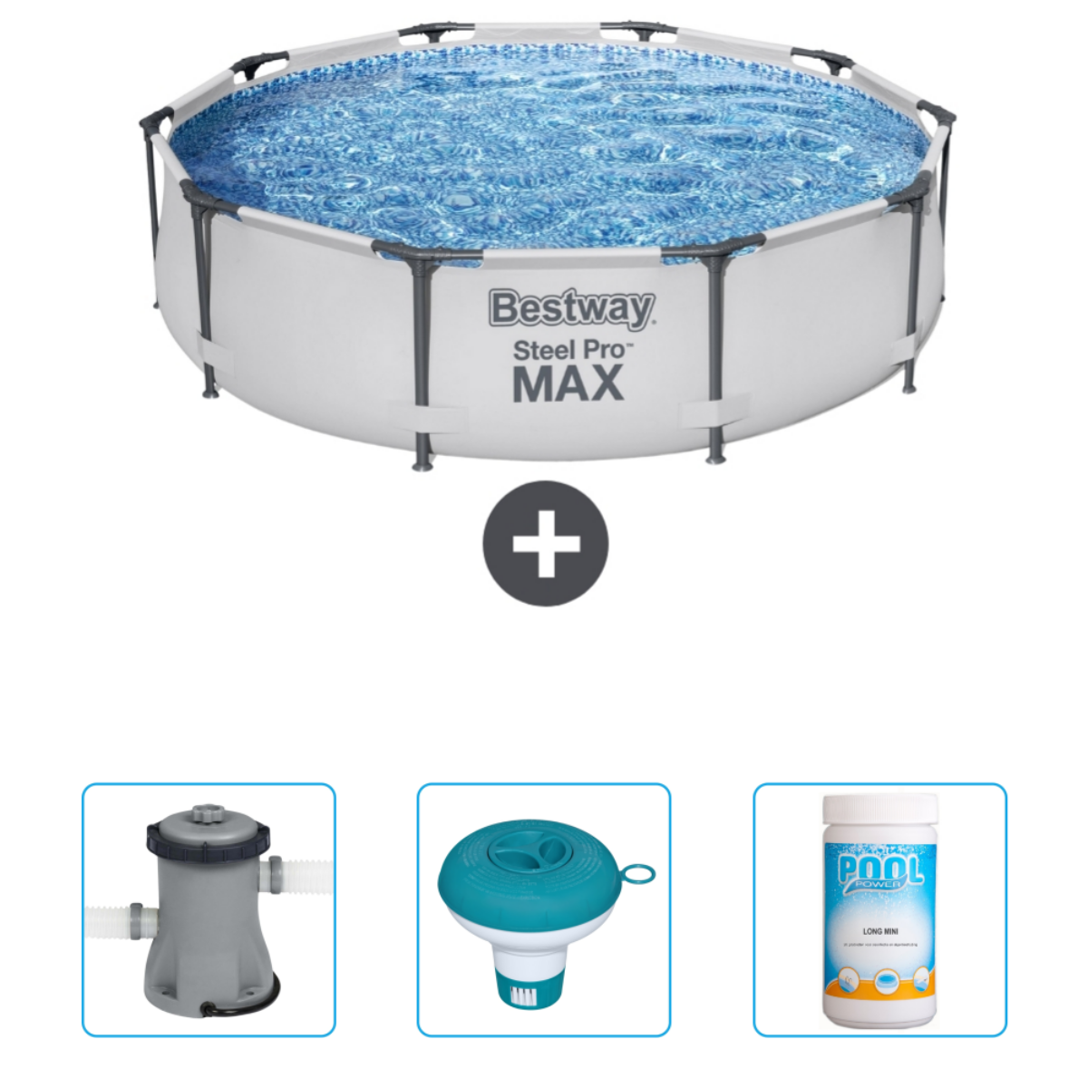 Piscine ronde Bestway avec eau, accessoires : pompe, filtre et produits chimiques.