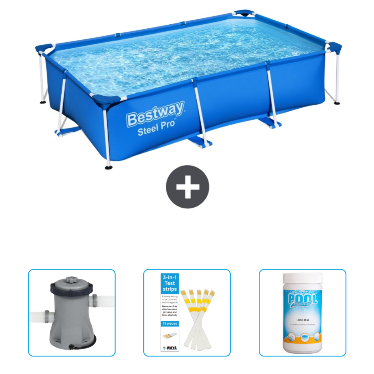Rechthoekig blauw zwembad met accessoires: filter, teststrips en chemicaliën voor waterbehandeling.