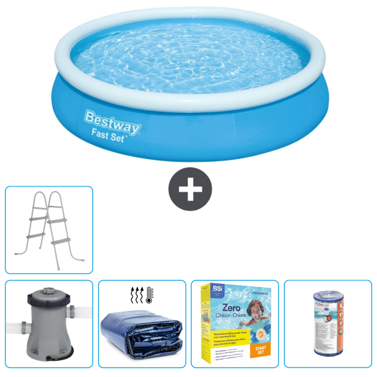 Piscine gonflable bleue avec bord blanc et accessoires sur fond blanc.