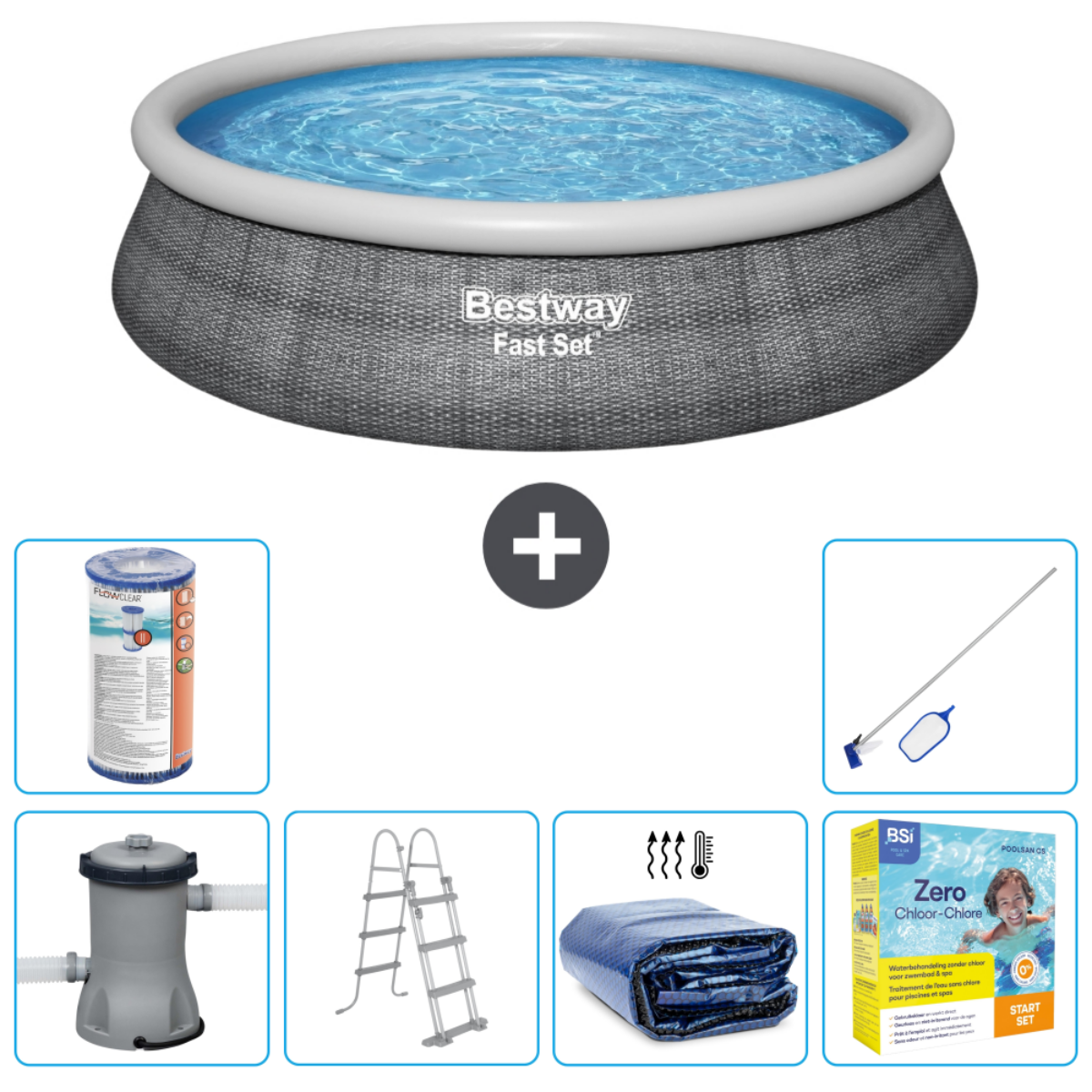 Piscine hors sol avec accessoires : filtre, échelle, nettoyeur et kit chimique.