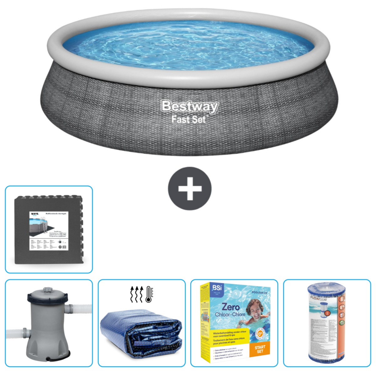 Rond zwembad met filter, chemicaliën, mat en startset. Inclusief zwembadaccessoires.