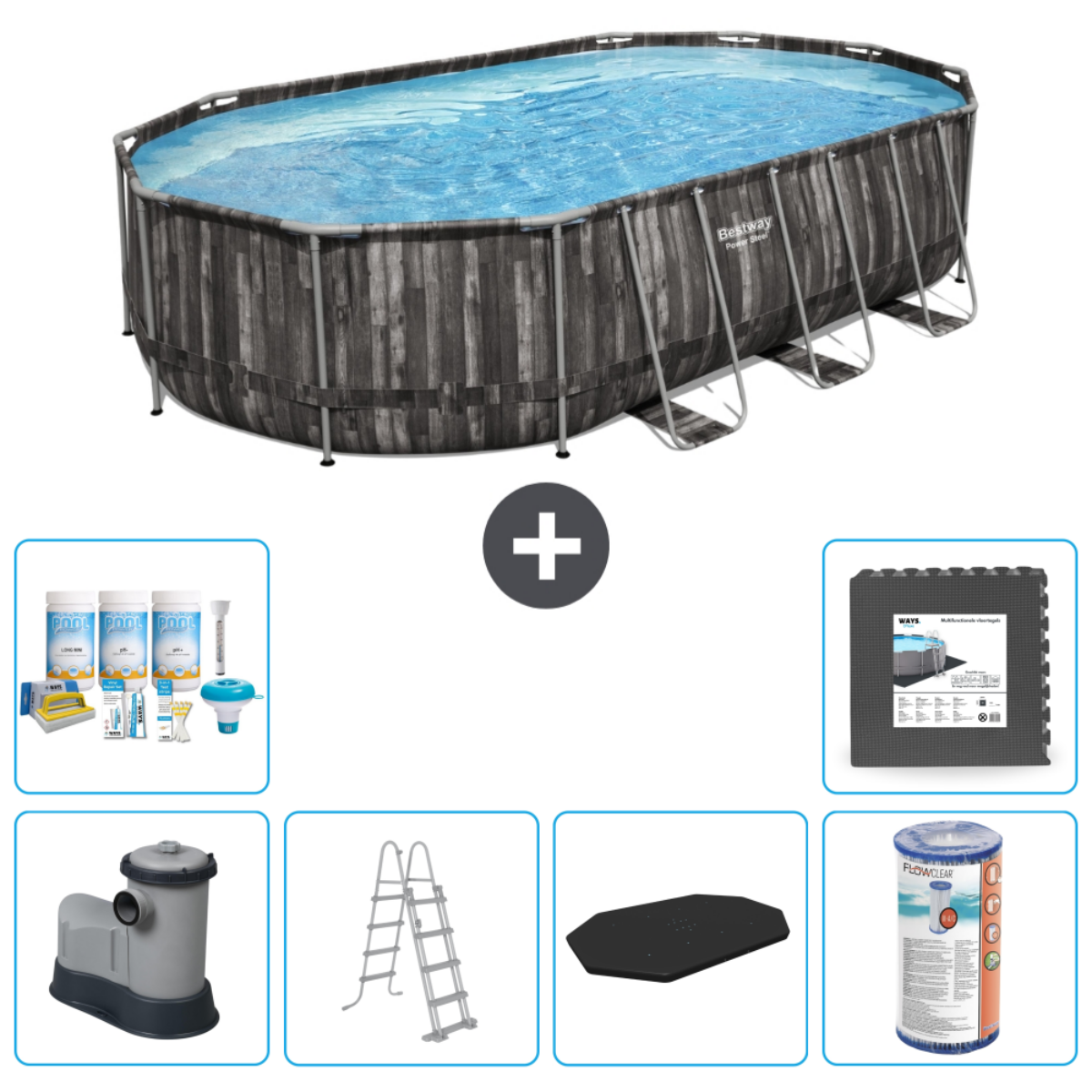 Ovaal zwembad met accessoires. Inclusief pomp, ladder, afdekking, filter, chloor en vloermatten.